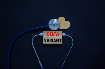 New Covid-19 delta variant strain symbol. White card, words 'delta variant' and stethoscope, black...