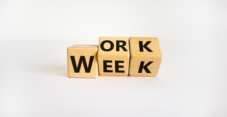 Work week symbol. Turned wooden cubes with words 'Work week'. Beautiful white background. Work week and business concept. Copy space.