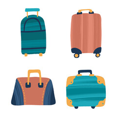 Suitcases, backpacks and travel bags in trendy flat style with dry brush texture.