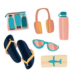 Trendy flat style journey set with sunglasses, headphones, tickets, travel kit and flip flops.