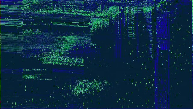 Green blue digital glitched abstract texture TV signal glitch error and pixel sorting effect in colorful psychedelic colors. 3D animation loop of pixelated video damage chaos and cyberpunk background.