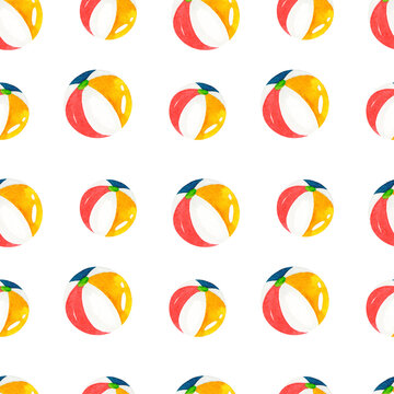 Seamless watercolor pattern with inflatable balls. Summer print. Inflatable balls on a white background. Colored watercolor ball. Ball with colored stripes.
