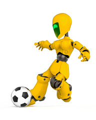 robot girl is kicking the football ball in white background