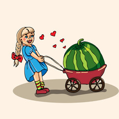 A girl rolls a large watermelon on a cart