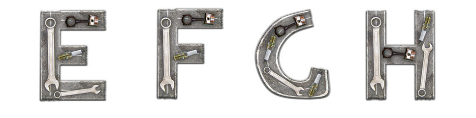 Letters E, F, G, H made of paved road and car repair keys, top view