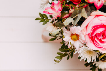 Bright Beautiful bridal bouquet with roses. Space for text