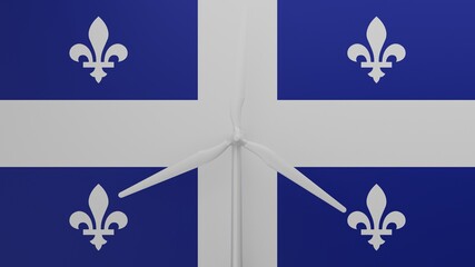 Large wind turbine in center with a background of the flag of Quebec