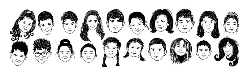 monochrome faces of children. Vector illustration