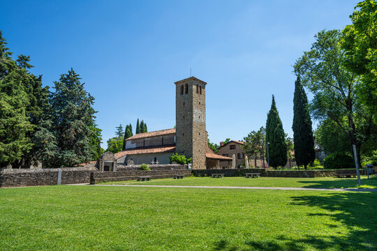 Muggia, Italy. June 13, 2021 view of the church of St. Mary Assunta in the old Muggia archaeological park