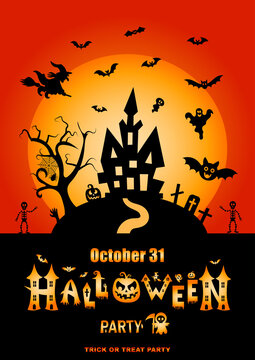 Halloween poster. Scary party invitation flyer template with horror symbols pumpkin bones skull vector halloween background