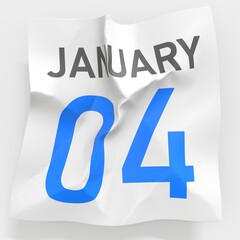 January 4 date on crumpled paper page of a calendar, 3d rendering