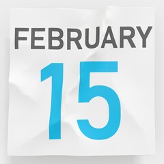 Fototapeta premium February 15 date on torn page of a paper calendar, 3d rendering