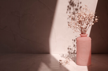Interior background mock up in pastel colors. Shadows and sunlight. Modern still life with a pink vase, gypsophila flowers and shadows of floral pattern.	