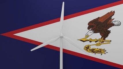 Large wind turbine in center with a background of the flag of American Samoa