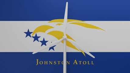 Large wind turbine in center with a background of the flag of Johnston Atoll