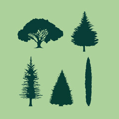 set of silhouettes of trees of different kinds of pines