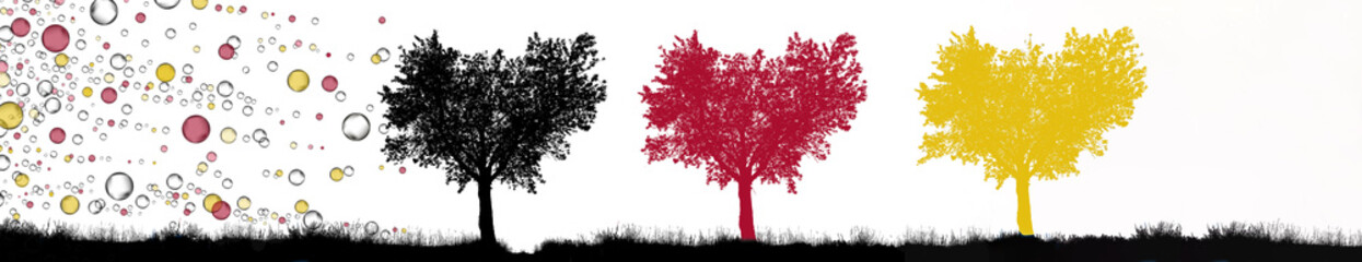 Obraz premium Herzförmige Bäume in den Farben schwarz, rot, gold, Blasen in den gleichen Farben wehen vorbei. Panorama