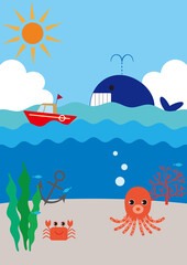 Naklejka premium Sea Landscape Background, Blue Sky, Cumulonimbus, Sunshine, Whale, Boat, Octopus, Seaweed, Coral, Anchor