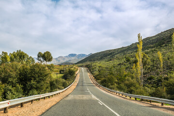 Winding Route 62 through beautiful valleys and mountains in Western Cape South Africa