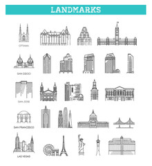 Obraz premium Simple linear Vector icon set representing global tourist american landmarks and travel destinations for vacations