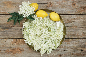 Elderflower and lemon on a tray. Basic ingredients for elderflower cordial.