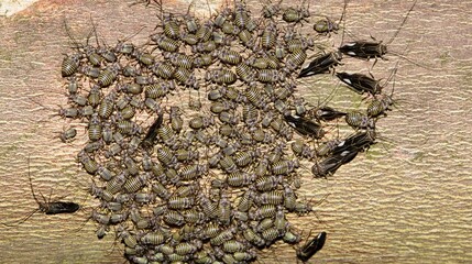 Common Barklouse colony (Cerastipsocus venosus) gathered on a Crepe Myrtle tree branch at night in...
