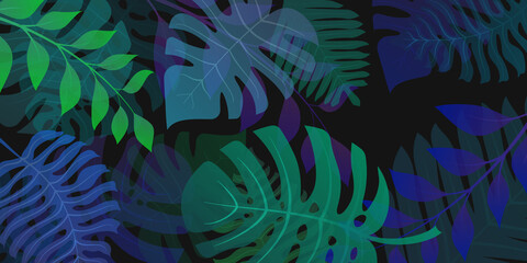 Background with exotic jungle plants. Tropical palm leaves. Rainforest illustration, multicolored on black.