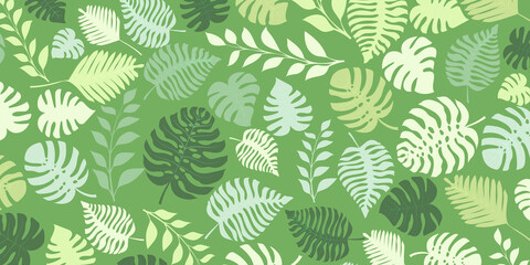 Background with exotic jungle plants. Tropical palm leaves. Rainforest illustration in green colors.