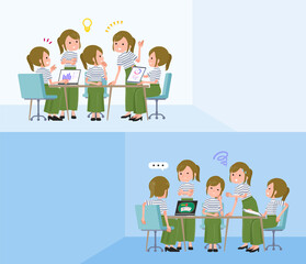 脳内会議をするカジュアルファッション女性のセット