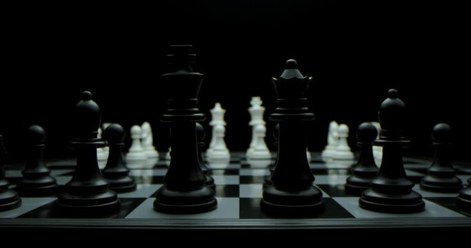 Super-macro photography of a chessboard with chess, camera travel on a slider from black pieces to white ones. Game of chess. Filmed in a dark key.