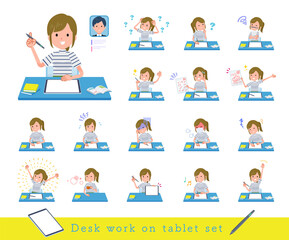 タブレット端末で学習するカジュアルファッション女性のセット