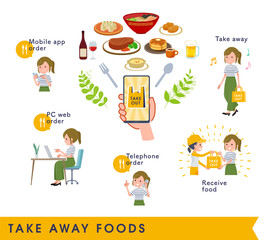 テイクアウトをするカジュアルファッション女性のセット