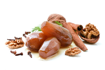 Eggplant jam preserves with walnut, Cinnamon and CLOVES  isolated on white background .Homemade preserves