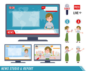 ニュース番組に出演するカジュアルファッション女性のセット