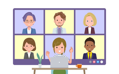 複数人でオンライン会議をしているカジュアルファッション女性のセット。正面アングル