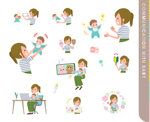 赤ちゃんとコミュニケーションをとるカジュアルファッション女性のセット