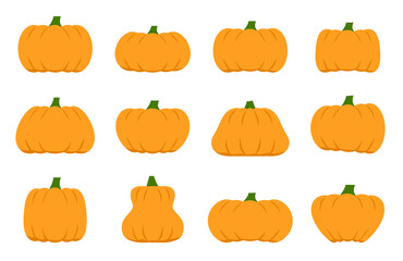 Pumpkins orange color with green tails flat vector style with a prominent shadow on each convex part of the pumpkin. Room decoration, dishes, cups, clothes, notebook. For halloween, harvest.