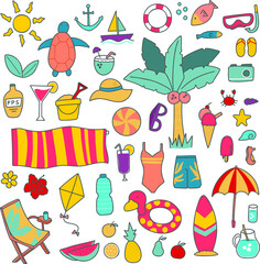 Cute and colorful hand-drawn summer icons set