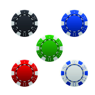 Isolated poker chips. Set of colored chips for poker and casino. Realistic casino chips illustration on white background.