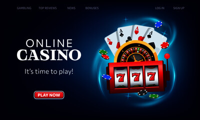 Playing cards, roulette wheel and winning slot machine fly casino. Online casino vector illustration. Website homepage interface UI template. Landing web page with concept hero header image.