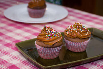 Delicious chocolate cupcakes decorated with dulce de leche and multicolored sprinkles