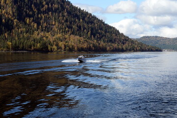 Boat on Lake Teletskoye. Altai Republic. Western Siberia. Russia