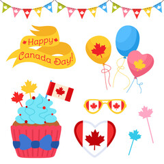 Happy Canada Day cartoon set. Canadian patriot cupcake with maple leaf, flag garland bunting, balloon, glasses and ribbon tape. Canada day national celebration collection. Isolated vector illustration