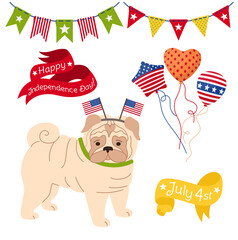 American Independence Day cartoon set. Funny patriotic pet pug pup, balloon, , garland bunting flag USA flat style. Festival independence day, hand drawn animal. Isolated vector illustration