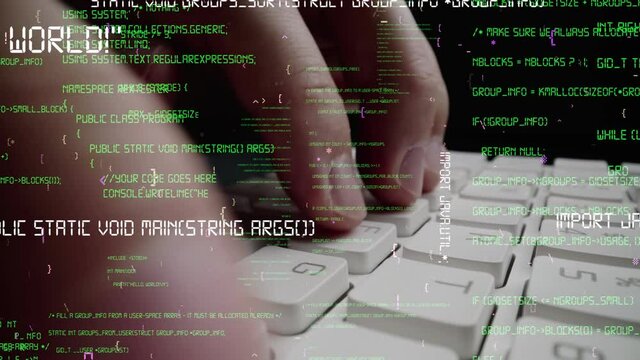 Creative visual of computer programming coding and software development shown by man working on computer keyboard with overlay of computer graphic displaying abstract program codes and computer script