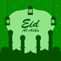 Eid al-Adha greeting design on a green background. silhouette mosque illustration. design for templates.