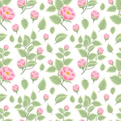 Vintage and classic floral seamless pattern of pink rose flower with leaf branch arrangements