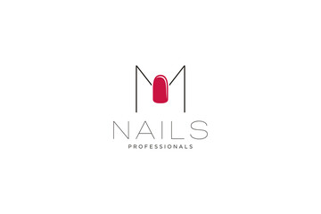 initial letter M with Nails logo. Vector icon business sign template for beauty industry, nail salon, manicure, boutique, cosmetic procedures.