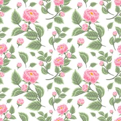 Vintage and classic floral seamless pattern of pink rose and peony flower buds with leaf branch arrangements
