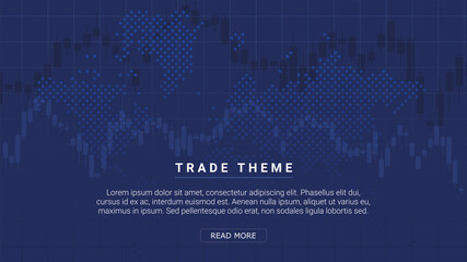 Candle charts, financial investment theme with world map in the background. Ideal for financial or trade marketing websites or systems.